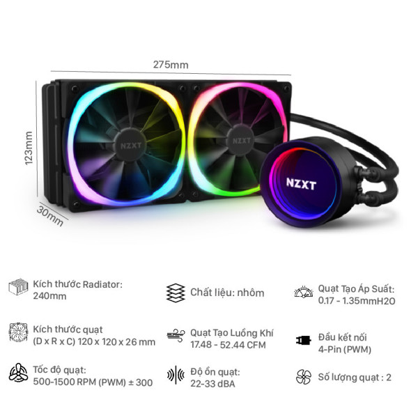 Bộ tản nhiệt nước NZXT Kraken X53 RGB – 240mm ( RL-KRX53-R1 )