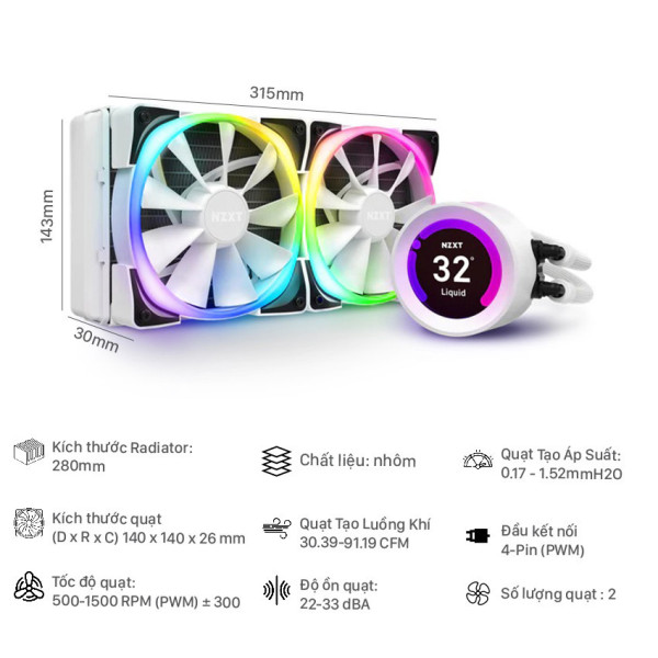 Tản nhiệt nước NZXT Kraken Z63 - RGB - White (RL-KRZ63-RW)