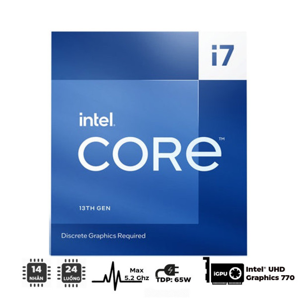 CPU INTEL CORE I7 13700 (UP TO 5.2GHZ, 16 NHÂN 24 LUỒNG, 30MB CACHE, 65W) - SOCKET INTEL LGA 1700/RAPTOR LAKE)
