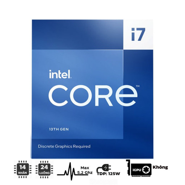 CPU INTEL CORE I7 13700F (UP TO 5.2GHZ, 16 NHÂN 24 LUỒNG, 30MB CACHE, 65W) - SOCKET INTEL LGA 1700/RAPTOR LAKE)