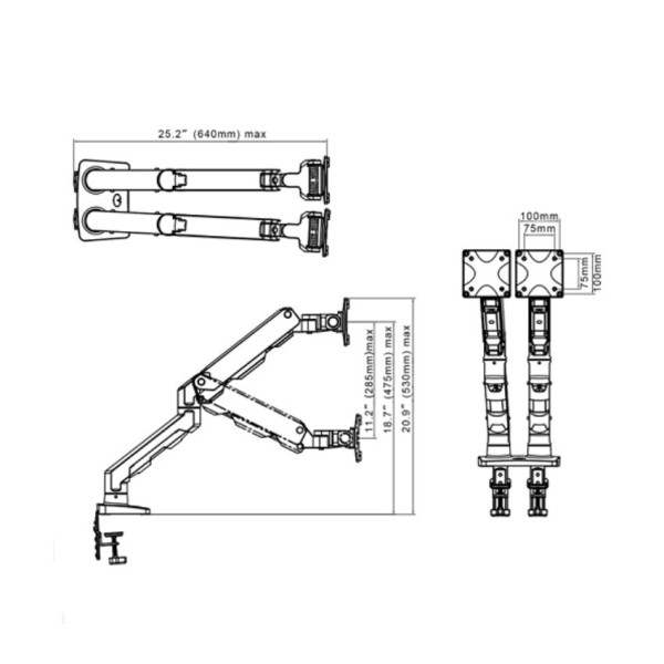GIÁ TREO 2 MÀN HÌNH NORTH BAYOU G55 (27 - 34 INCH) KẸP BÀN - MÀU ĐEN