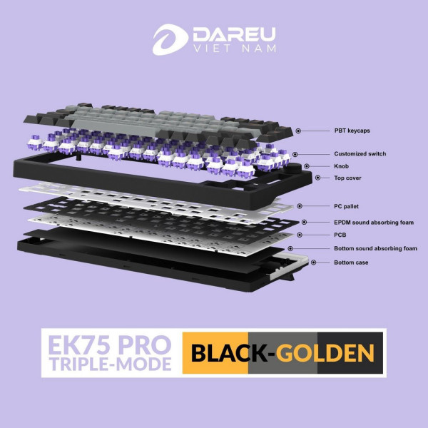 Bàn phím cơ DareU EK75 Pro Triple Mode Black Golden FIREFLY SWITCH