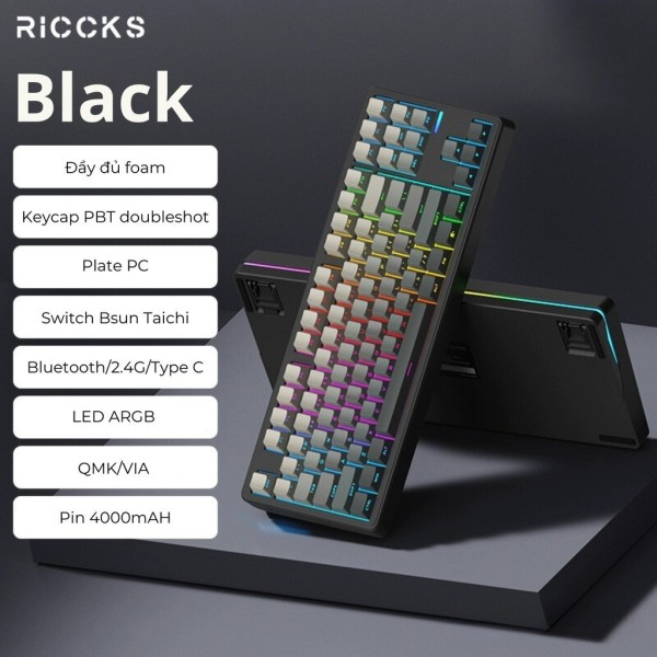 Bàn phím cơ Riccks RS8 Black Bsun Taichi Switch (Mode 3 Mode | RGB + Led Viền | QMK/VIA)